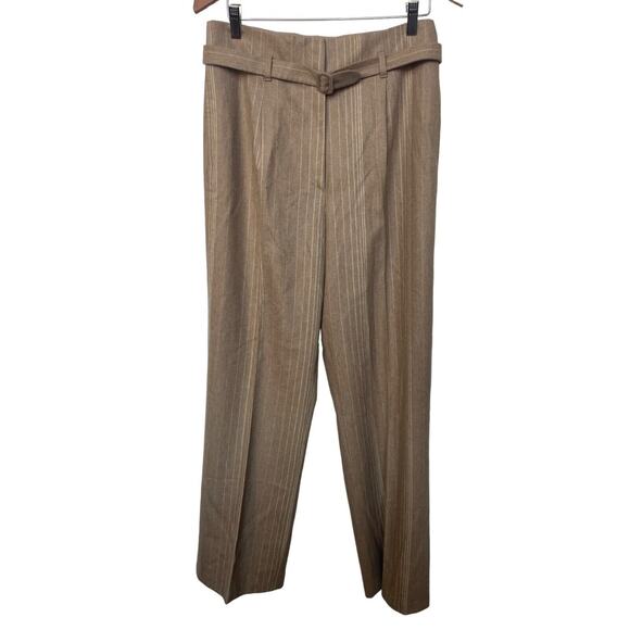 Zanella Wool Pinstripe Belted Straight Leg Trouser Pants Made in Italy Tan Sz 8/ - Picture 1 of 4